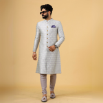 Stunning Beige Banarasi Brocade Achkan with Lilac Churidar for Men | Father-Son Combo | Grooms & Weddings | Jaipurio